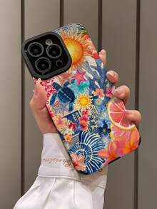 1个柔软硅胶手机壳，浅蓝色和粉色海洋生物图案，竖条纹仿皮纹理，防摔设计，兼容苹果16/16 Plus/16 Pro/16 Pro Max - 彩色 - 查看 3