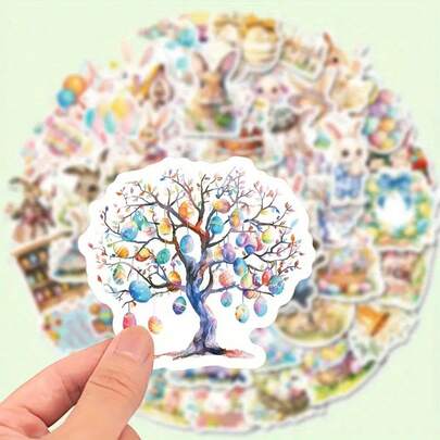 50张可爱复活节兔子彩蛋贴纸 - 彩色贴纸，适用于笔记本电脑、水瓶、行李箱、春季节日装饰、兔子主题配饰（复活节庆祝活动、节日、生日、礼物、奖励、感恩节、新年和其他特殊场合的理想礼物）