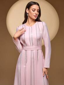 Women's Solid Color Round Neck Asymmetrical Rhinestone Swaying Flower Elegant Long Sleeve Maxi Dress With Belt, Asymmetrical Front Flounce, Suitable For Multiple Occasions Wedding Party - Baby Pink - View 10