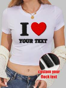 Customized Short T-Shirt For Women, Personalized, Women's T-Shirt, Use Flocking Technique To Customize Your Slogan, Fuzzy Texture Text Print, Create Your Unique Spring/Summer Style. Suitable For Daily Wear, Sports, Outdoor Activities, Spring/Summer Clothing, Valentine's Day Outfit, Family, Couples, Parent-Child, Group White - White - View 1