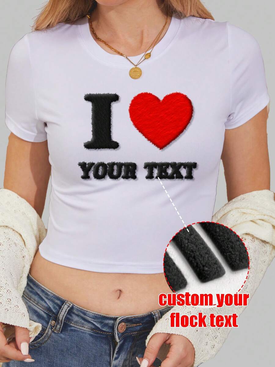 Customized Short T-Shirt For Women, Personalized, Women's T-Shirt, Use Flocking Technique To Customize Your Slogan, Fuzzy Texture Text Print, Create Your Unique Spring/Summer Style. Suitable For Daily Wear, Sports, Outdoor Activities, Spring/Summer Clothing, Valentine's Day Outfit, Family, Couples, Parent-Child, Group White - White - View 1