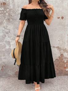 Pretty and Ole 优雅通勤复古简约休闲百搭女士时尚热卖品，荷叶边面料，蝴蝶结装饰，松紧腰身，喇叭下摆设计黑色大码连衣裙，适合春季、夏季、秋季 - 黑色 - 查看 7