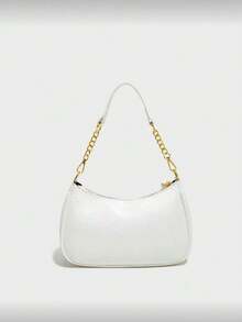 新款时尚经典多功能PU防水材质，饰以字母图案，纯色新月形单肩包，链条单肩/腋下包，樱桃吊坠装饰，时尚女士单肩包，商务通勤包，轻便，适合购物和聚会，易于携带。 - 白色 - 查看 3