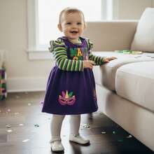 Newborn Baby Girl Carnival Gras Outfit Mask Embroidery Long Sleeve Ruffle Romper Top Infant Skirt Set Little Girl Overall Dress. My 1st Mardi Gras Baby Boy Girl Carnival Outfit, Mardi Gras Baby Girl Outfits 0-18Months (Purple) - 綠色 - 查看 7