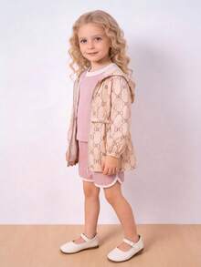 女童甜美连帽长袖外套，蝴蝶印花，收腰设计，弹性袖口，春夏秋季百搭休闲装 - 杏色 - 查看 2