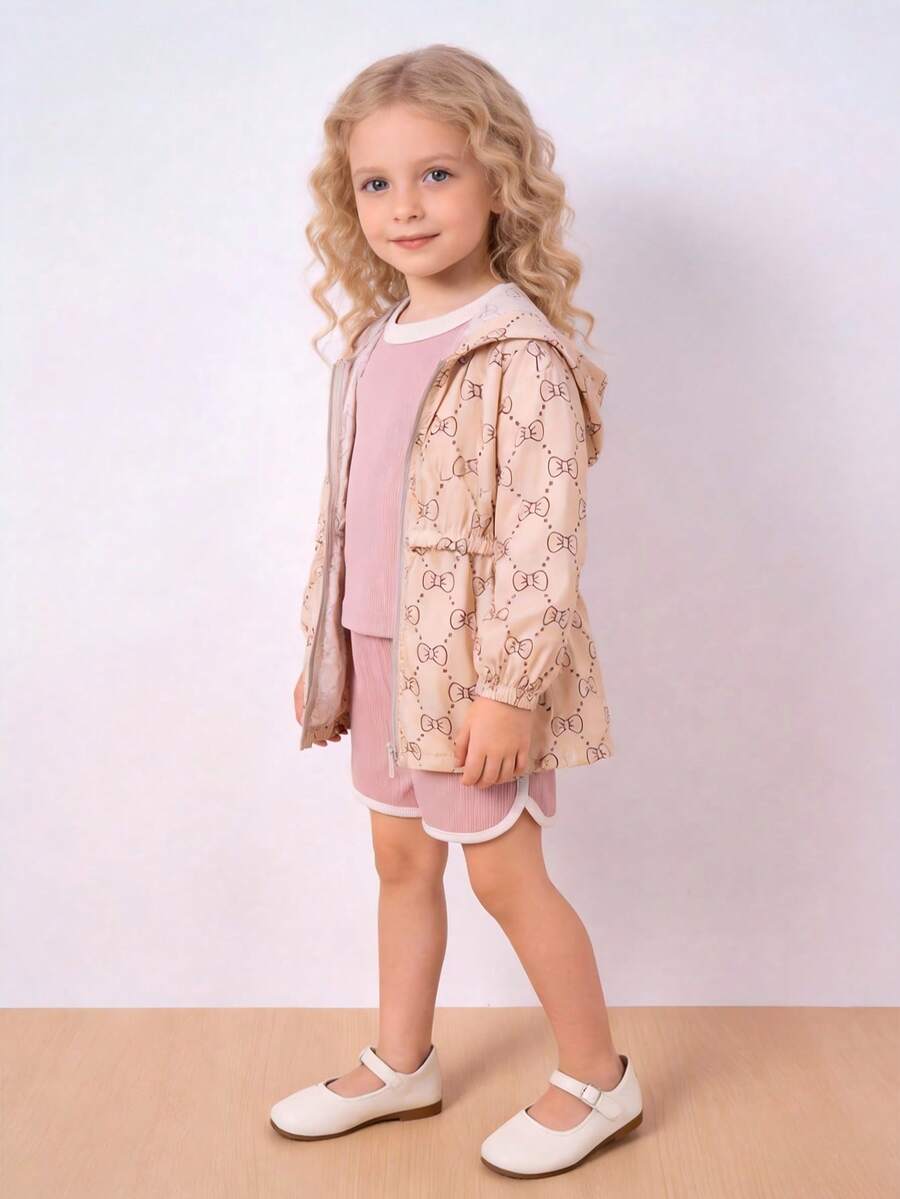 女童甜美连帽长袖外套，蝴蝶印花，收腰设计，弹性袖口，春夏秋季百搭休闲装