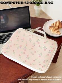 1pc Pink Tulip Flower Pattern Lightweight 16/15/14 Inch Laptop Bag, PU Leather Waterproof Padded Shockproof Laptop Sleeve, Essential For College Students And Lightweight Travel - Beige - View 11