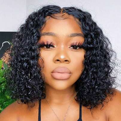 14inch Kinky Curly 13x4 HD Ear To Ear Lace Front Wig 180% Density Short Bob Curly Hair High-Temperature Fiber Mixed Human Blended Hair Wig For Women Pre Plucked Baby Hair Around 8inch-34inch