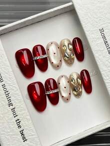 10片手工椭圆形亚克力美甲贴片，中号，简约红色美甲，闪亮猫眼美甲，小水钻戒指设计，简约优雅奢华手工美甲，秋季美甲，秋季贴片美甲，可爱美学，百搭美甲，DIY假指甲，适合派对、日常、约会、海滩、热带度假等场合，可重复使用，适合女性和女孩作为礼物，美甲用品 - 紅色 - 查看 9