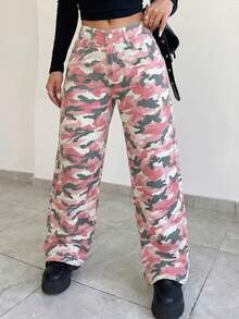 Tall Women's Casual Straight-Leg Jeans With Pocket Details, Extended Length Camouflage Print, Non-Stretch Fabric, Suitable For Everyday Wear. - Pink Camouflage - View 1