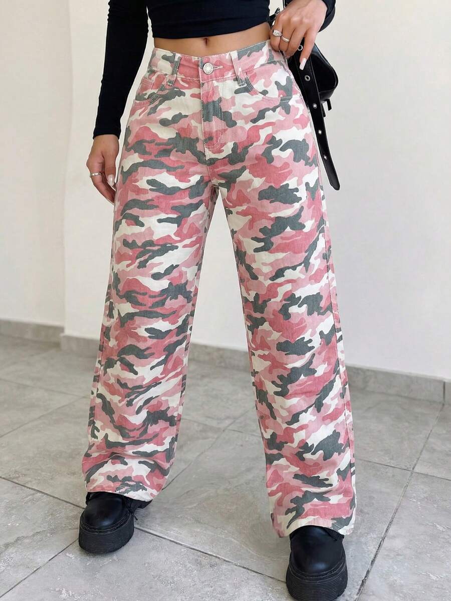 Tall Women's Casual Straight-Leg Jeans With Pocket Details, Extended Length Camouflage Print, Non-Stretch Fabric, Suitable For Everyday Wear. - Pink Camouflage - View 1