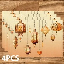 1/4/6 Pcs Set, Ramadan Placemats, Linen Dining Table Mats With Traditional Lantern Pattern, Washable Printed Tablecloths, Surface Protective Pads, Ideal Decor For Holiday Kitchen And Family Gatherings - Multicolor - View 12