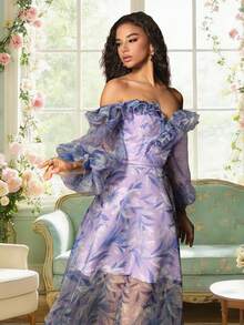 VIPGIRL 新款蓝色灯笼袖露肩印花优雅高端网纱女士晚礼服 - 紫色 - 查看 6