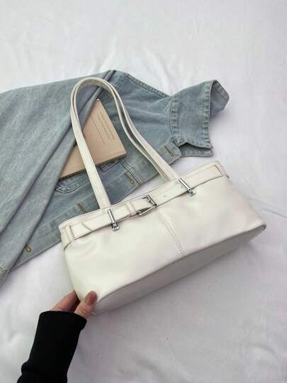 1pc Vintage Large Capacity Tote Bag, Commuter Oversized Underarm Bag, Fashionable Motorcycle Handbag, PU Solid Color Oiled Wax Leather, Strap Decor, Zipper Closure, Women's Shoulder Bag For Work, College Student Backpack, Short Trip, Vacation, Shopping, Business, Suitable For Daily Use