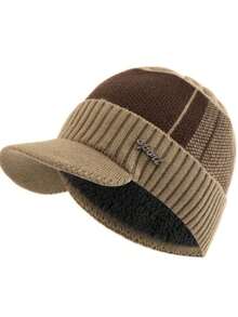 1pc Men's Sport Iron Logo Knit Beanie Hat With Lining - Khaki - View 8