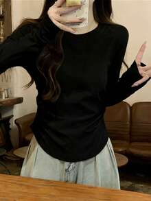 春秋季韩版优雅修身圆领褶皱长袖T恤打底衫 - 黑色 - 查看 5