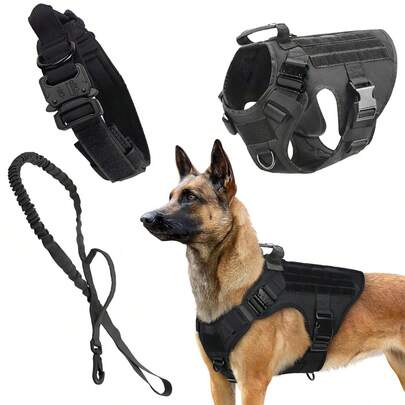 3pcs/Set Tactical Dog Vest, Collar And Leash Set, MOLLE Harness With Handle For Working Dogs, Suitable For Training, Hunting And Walking
