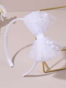 1pc White Mesh Bow Headband Pearl And Bead String Bow Hair Hoop Fairy Style Bow Hair Band For Daily& Party Teens Hair Accessories - White - View 3