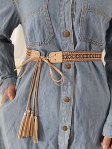 1pc Bohemian Style Hollow Tassel Buckle Design Women's Versatile Fashion Leather Belt, Suitable For Shirts, Dresses, School, Music Festivals, Parties In Summer And Autumn - Multicolor - View 4