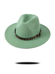 1pc Gray Felt Fedora Hat, Wide Brim Design With Leopard Print Band & Metal Buckle Decor, Chic & Stylish For Casual, Commute, Street Wear, Unique & , Multi-Color Options To Match Various Outfits