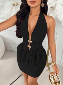 AIJ Bộ đồ 2 mảnh mới của Amarilo dành cho nữ, màu trơn, chất liệu vải có họa tiết, cổ trễ vai, áo khoác cardigan xếp ly rỗng kết hợp với chân váy xẻ tà. - màu đen - Xem 3