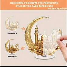 Mô hình phẳng 2D, 1 chiếc, vật trang trí trưng bày xoay phẳng 2D bằng acrylic với hình trăng vàng, đèn lồng, hoa và trăng lưỡi liềm vàng. Phụ kiện để bàn thanh lịch này mang đến vẻ sang trọng cho bất kỳ không gian nào, một điểm nhấn hoàn hảo. - Nhiều màu - Xem 2
