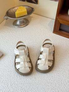 1 Pair Summer New Kids Closed-Toe Sandals, Boys/Girls Soft Bottom Non-Slip Woven Roman Shoes, Versatile Fashion Toddler Flat Shoes - White - View 2