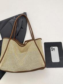 2pcs Spring Straw Large Capacity Handbags, 2026 New Fashion Tote Shoulder Bags, For Travel And Outing - Coffee - View 8