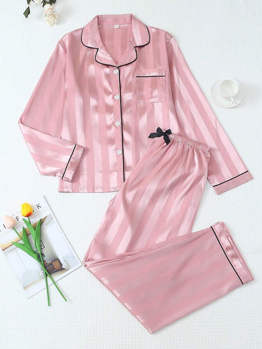 2pcs Satin Striped Pajama Set, Sweet Cute Lapel Button Long Sleeve Top And Pants, Women Sleepwear And Loungewear For Home Use - Pink - View 1
