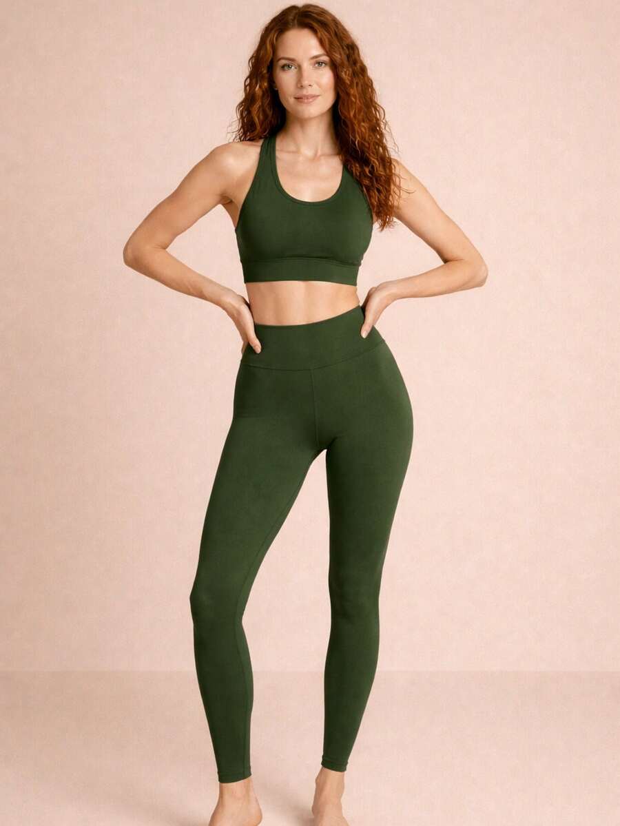 SHOWOFF Women's Fitness Set For Gym - Sports Top + High-Waisted Thick Leggings With Super Elastane - 軍綠色 - 查看 1