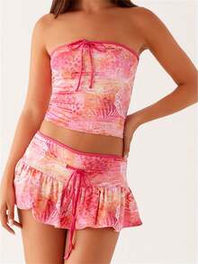 Womens Two Piece Summer Outfits Strapless Tie-Up Front Tube Tops And Mini Skirt Set Clubwear - Pink - View 1