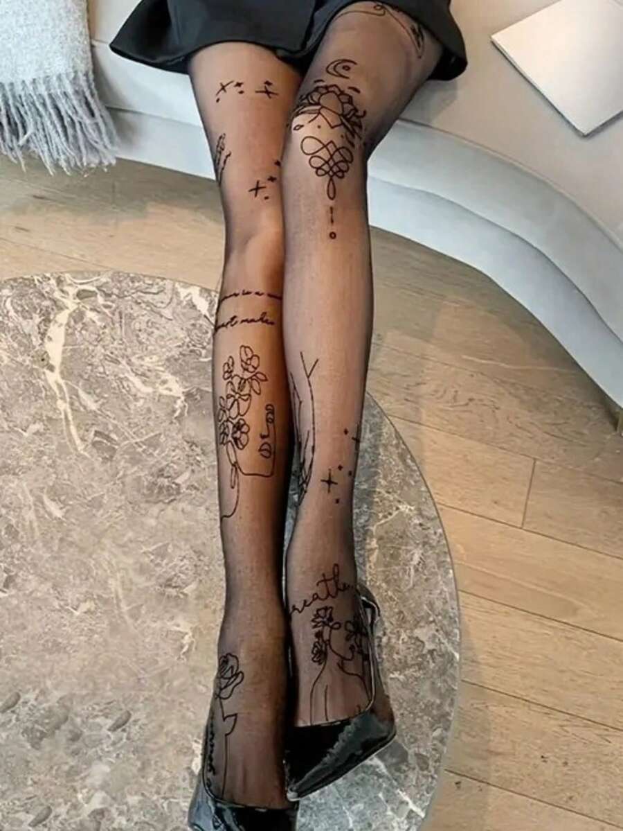 1双女士莲花图案透明连裤袜 - 优雅隐形款式，时尚约会完美之选（XS-XXL） - 黑色 - 查看 1