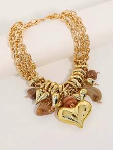 奢华金属链心形吊坠项链，纹理石装饰简约颈链，复古时尚个性化项链 - 金屬鏈愛心墜 - 查看 2