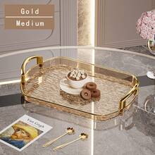 30cm/35cm/40cm Gold Thickened Transparent PET Rectangular Serving Tray With Handles, Glacier Pattern, Plastic Holder For Tea Cups, Water Glasses, Gold Rim - Transparent Gold - View 6