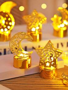 1/2/3pcs Creative Realistic LED Iron Art Moon & Star Electronic Candles, Battery Powered Flameless Candle Lights For Indoor Home Decor, Suitable For Wedding, Party, Holiday, Tabletop, Bedroom Decoration, Ramadan Decoration