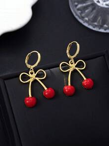 一对红色樱桃水滴耳环，可爱精致的蝴蝶结设计耳环，甜美优雅的女士耳环，派对和情人节礼物 - 彩色 - 查看 4