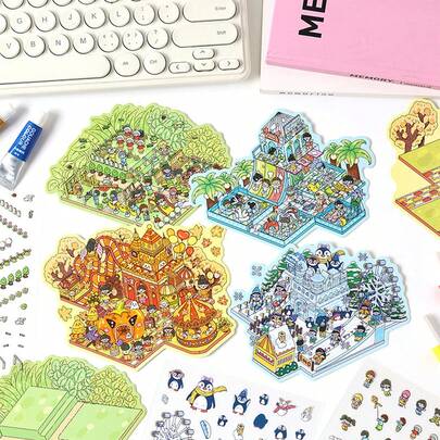 Holiday Carnival Landscape Stickers, 2 Sheets PET 3D Miniature DIY Scene Stickers + 1 Sheet Scene Cardstock, Kawaii Craft Supplies For Journal Scrapbooking Handmade Lovers