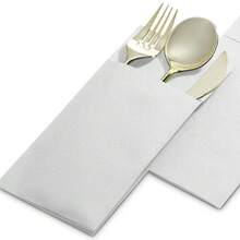 100张白色亚麻纹理一次性纸巾，带内置餐具袋 - 超强吸水性，适用于婚礼、派对、圣诞装饰、圣诞餐巾、圣诞餐桌装饰、节日和特殊活动的优雅餐桌布置、派对餐具、精致餐桌装饰，餐具袋设计 - 白色 - 查看 1