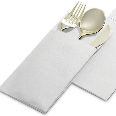 100张白色亚麻纹理一次性纸巾，带内置餐具袋 - 超强吸水性，适用于婚礼、派对、圣诞装饰、圣诞餐巾、圣诞餐桌装饰、节日和特殊活动的优雅餐桌布置、派对餐具、精致餐桌装饰，餐具袋设计