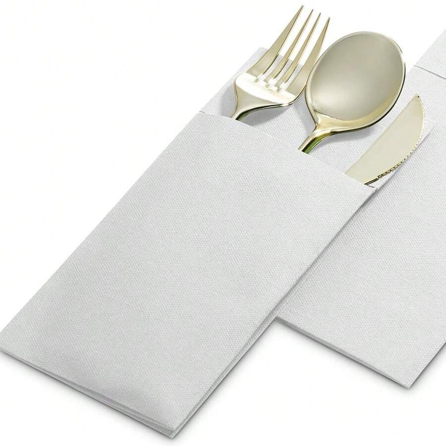 100张白色亚麻纹理一次性纸巾，带内置餐具袋 - 超强吸水性，适用于婚礼、派对、圣诞装饰、圣诞餐巾、圣诞餐桌装饰、节日和特殊活动的优雅餐桌布置、派对餐具、精致餐桌装饰，餐具袋设计 - 白色 - 查看 1