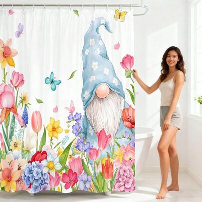 1pc/4pcs Spring Bathroom Curtain Set, Includes Carpet, Floral & Bee Pattern Bathroom Curtain Set, Includes Carpet, Toilet Seat Cover And Bath Mat, Modern Bathroom Decor Set, Includes Bath Mat And 12 Plastic Hooks
