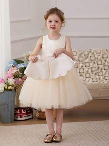 Young Girl Shawl 3D Flower Bow Tulle Elegant Flower Girl Dress, Suitable For Girls Birthday Party, Banquet, Prom, Wedding, Bridesmaid, Holiday Celebration - Champagne - View 6