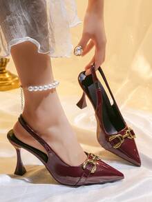 女士尖头金属搭扣高跟派对鞋 - 酒紅色 - 查看 5