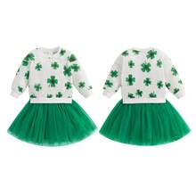 2Pcs/ Set Toddler Baby Girl St Patricks Day Dress Outfit Shamrock Clover Long Sleeve Sweatshirt Tulle Tutu Skirt Dress Clothes 0-5Years (White And Green) - 杏色 - 查看 5