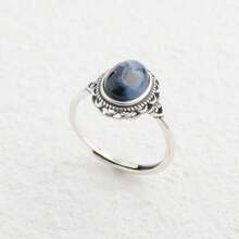 天然宝石925银戒指，复古花卉设计，可调节戒圈，9x7毫米椭圆形宝石，可选石种：紫云石/菱锰矿/彼得石，波西米亚风格珠宝，承诺礼物 - 銀色 - 查看 5