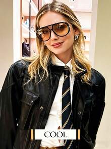 1 Par de Novos Óculos de Moda Quadrados Retrô Oversized de Duas Hastes, Adequado para Mulheres, para Uso Externo; Óculos de Moda Oversized de Piloto da Moda para Mulheres; Óculos de Moda Vintage Grandes e Redondos; Óculos de Moda Vintage Grandes e Redondos. Óculos de Moda Vintage Oversized de Piloto com Ponte Dupla, Armação Grande e Larga, Óculos Redondos dos Anos 70 para Mulheres - Marrom - Visão 3