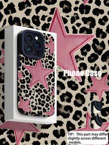 1个时尚豹纹底粉色星形图案竖款仿皮纹理防震高端软硅胶手机壳，适合作为生日、节日礼物送给朋友、家人、情侣，适用于 17/17 Air/17 Pro/17 Pro Max、16/16 Plus/16 Pro/16 Pro Max、15/15 Plus/15 Pro - 彩色 - 查看 1