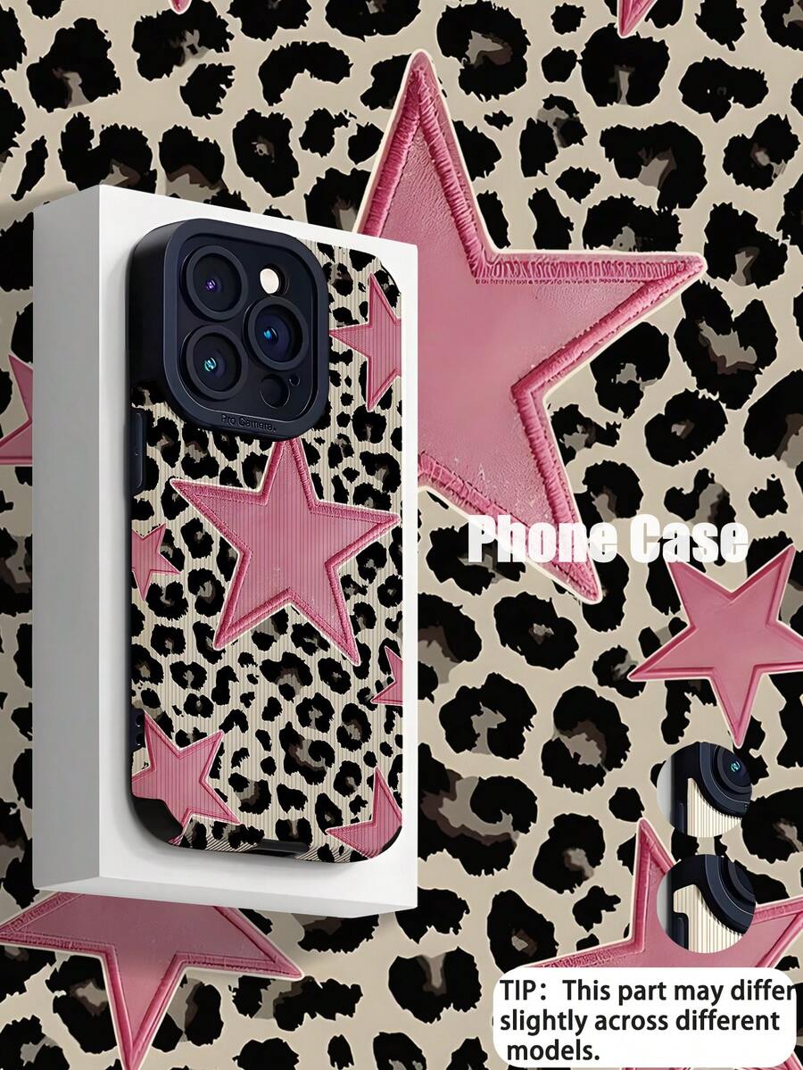 1个时尚豹纹底粉色星形图案竖款仿皮纹理防震高端软硅胶手机壳，适合作为生日、节日礼物送给朋友、家人、情侣，适用于 17/17 Air/17 Pro/17 Pro Max、16/16 Plus/16 Pro/16 Pro Max、15/15 Plus/15 Pro - 彩色 - 查看 1
