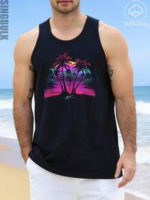 singbulk Men's Cotton Comfy Sleeveless With Beach Palm Trees Print Casual Tank Tops - màu đen - Xem 1