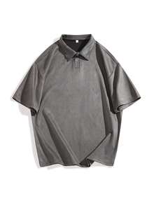 1pc Men's Dark Grey Polo Shirt, Single Button Collar Design, Soft Fleece Fabric, Casual Style, Slim Fit, Suitable For Commuting And Weekend Gatherings - Dark Grey - View 4